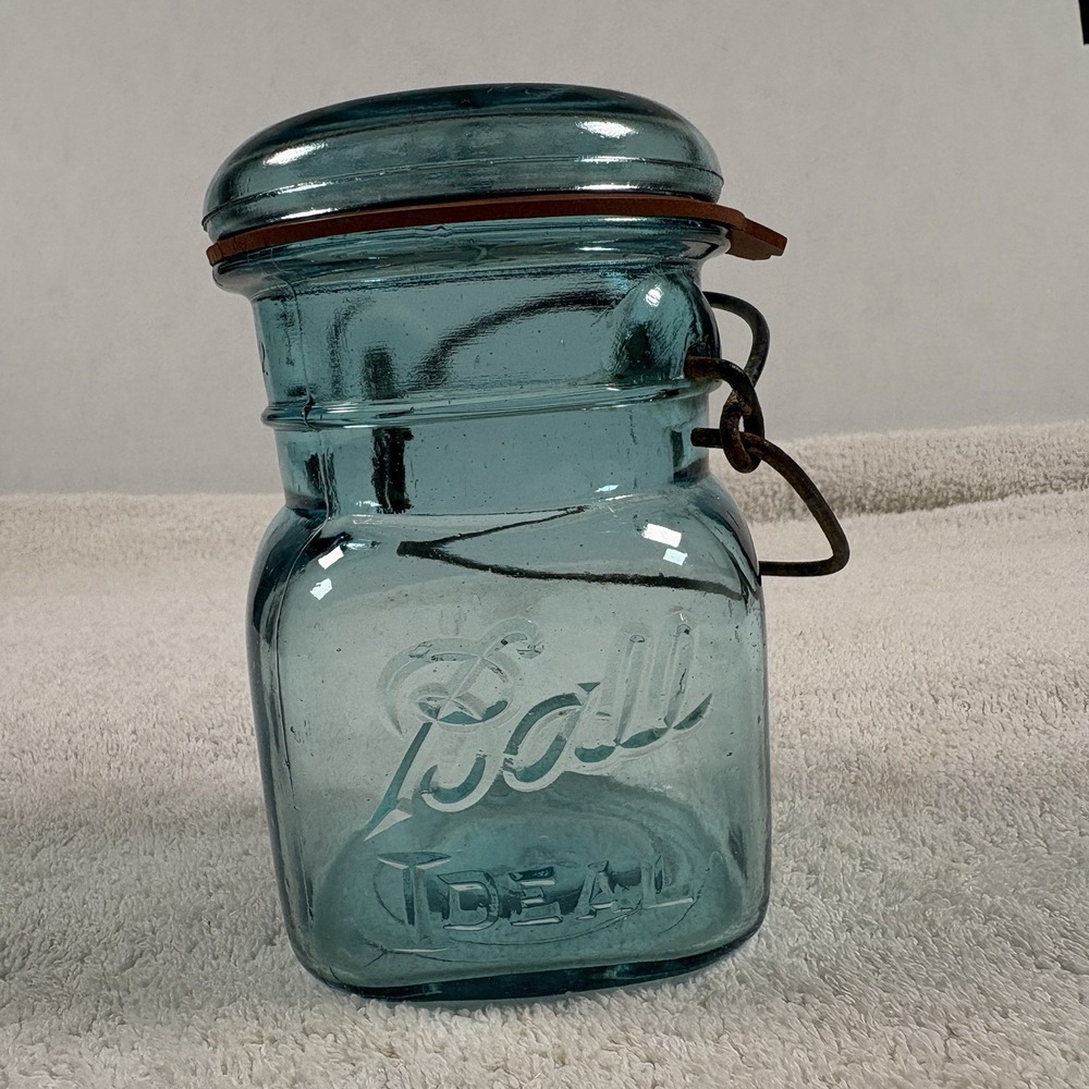 Vintage Ball Ideal Aqua Blue Glass Wire Bail Storage Jar w/ Glass Lid Square #2
